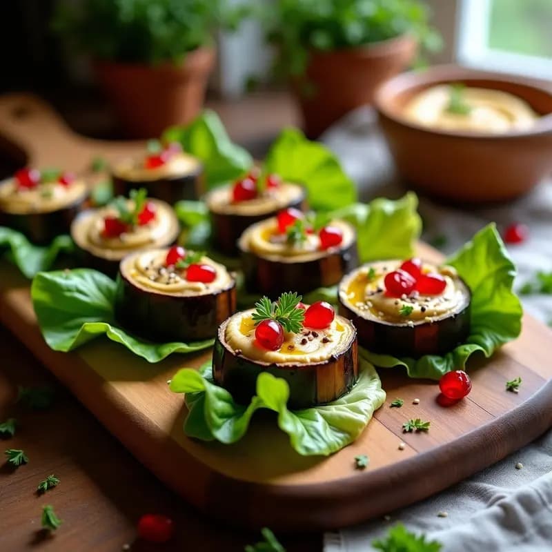 Rollitos de Berenjena Asada con Hummus de Habas y Granados: Receta Libanesa Sin Gluten