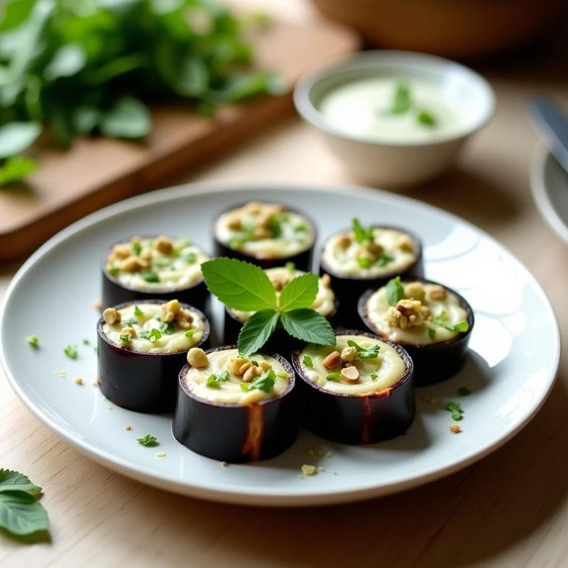 Rollitos de Berenjena y Berros con Crema de Anacardos: Receta Iraní Vegana Sin Cocción