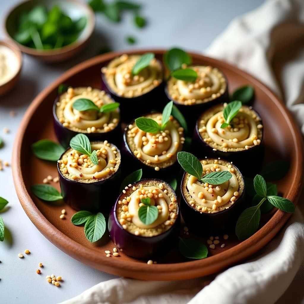 Rollitos de Berenjena y Berros con Crema de Sésamo: Entrante Persa Crudivegano en 15 Minutos