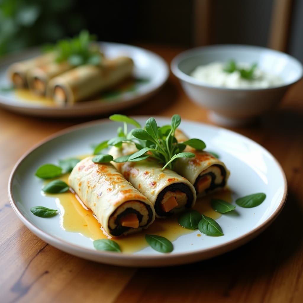 Rollitos de Berenjena y Berros con Salsa de Yogur de Coco: Receta Vegana y Sin Cocción