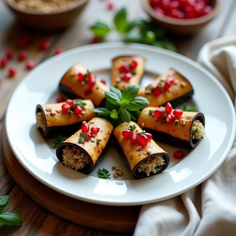 Rollitos de Berenjena Asada con Relleno de Bulghur y Granados: Entrante Armenio Vegano
