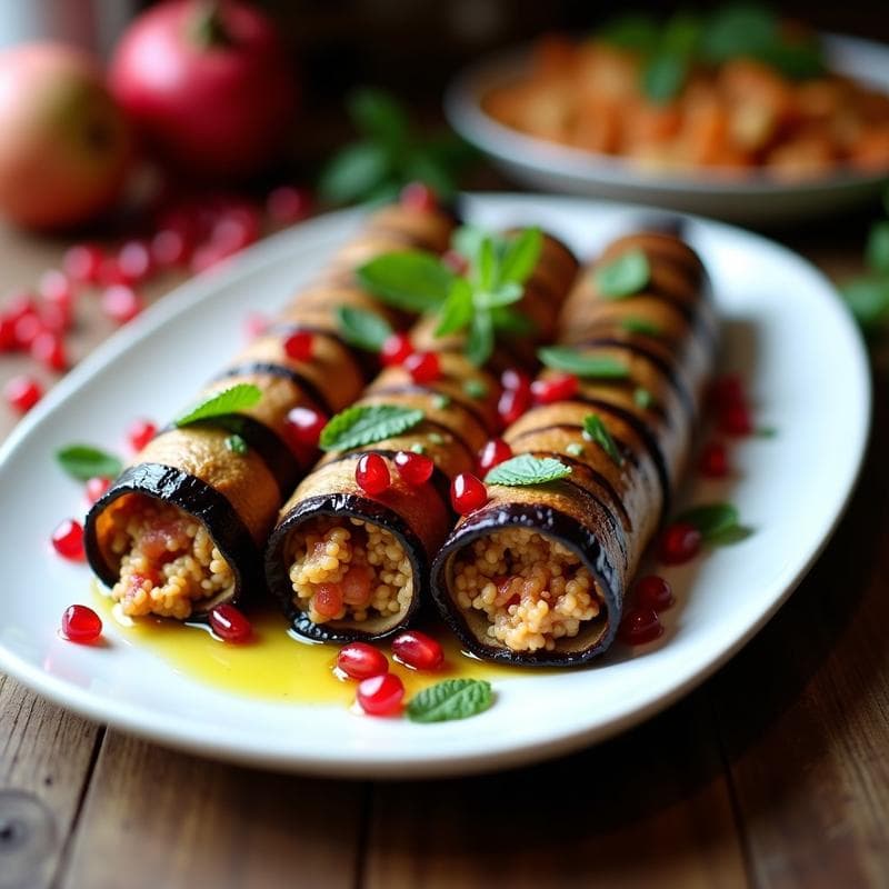 Rollitos de Berenjena Rellenos de Bulgur y Granadas: Receta Turca Vegana en 25 Minutos