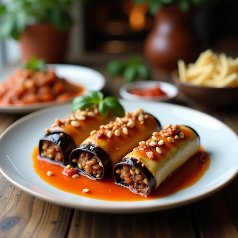 Rollitos de Berenjena Rellenos de Carne Picada y Piñones: Receta Turca en Olla Lenta