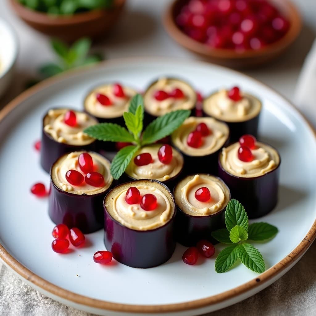 Rollitos de Berenjena con Crema de Garbanzos y Granadas: Entrante Vegano y Sin Cocción