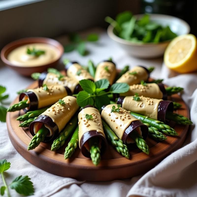 Rollitos de Berenjena y Espárragos con Salsa de Tahini y Limón: Receta Libanesa Crudivegana