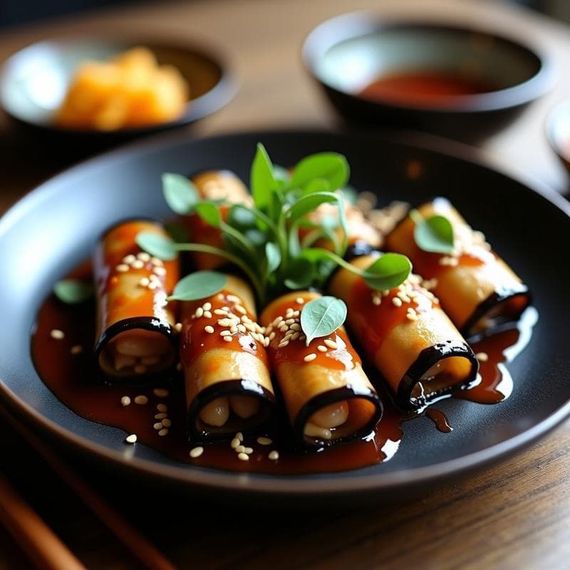 Rollitos de Berenjena y Hongos Shimeji: Receta Japonesa Vegana al Vapor con Salsa Teriyaki