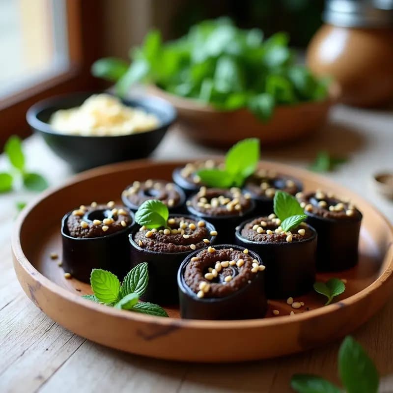 Rollitos de Berenjena con Hummus de Garbanzos Negros: Aperitivo Egipcio Keto y Sin Cocinar