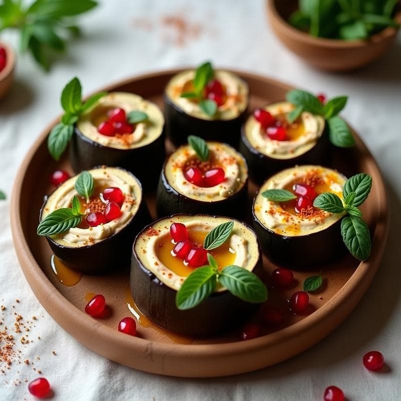 Rollitos de Berenjena Rellenos de Hummus y Granados: Aperitivo Libanés Vegano Sin Cocción