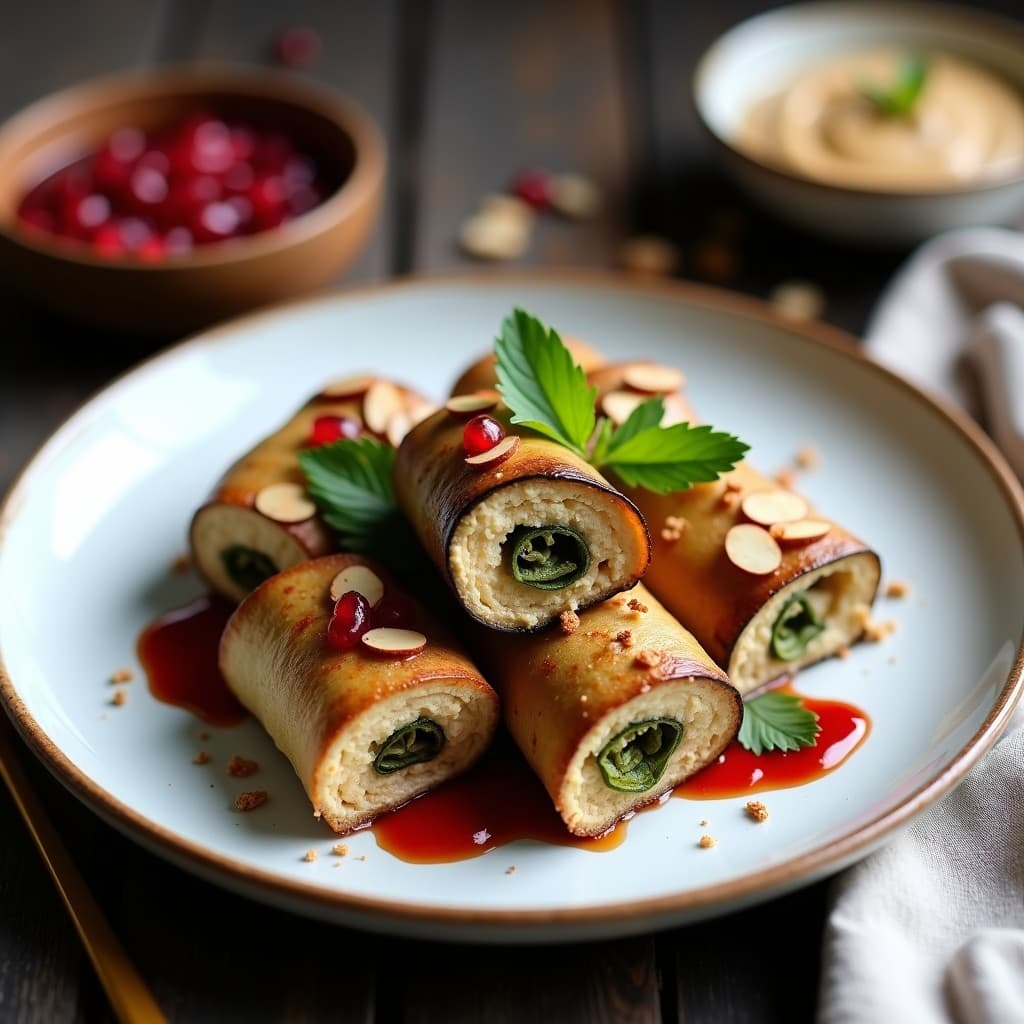 Rollitos de Berenjena Asada con Relleno de Hummus y Grenadina: Receta Libanesa en Airfryer