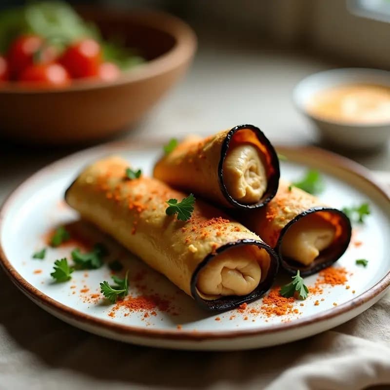 Rollitos de Berenjena con Hummus de Habas y Pimentón Ahumado: Receta Árabe en Airfryer