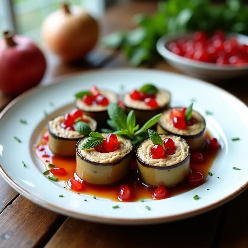 Rollitos de Berenjena con Hummus de Habas y Salsa de Granada: Aperitivo Libanés Crudivegano