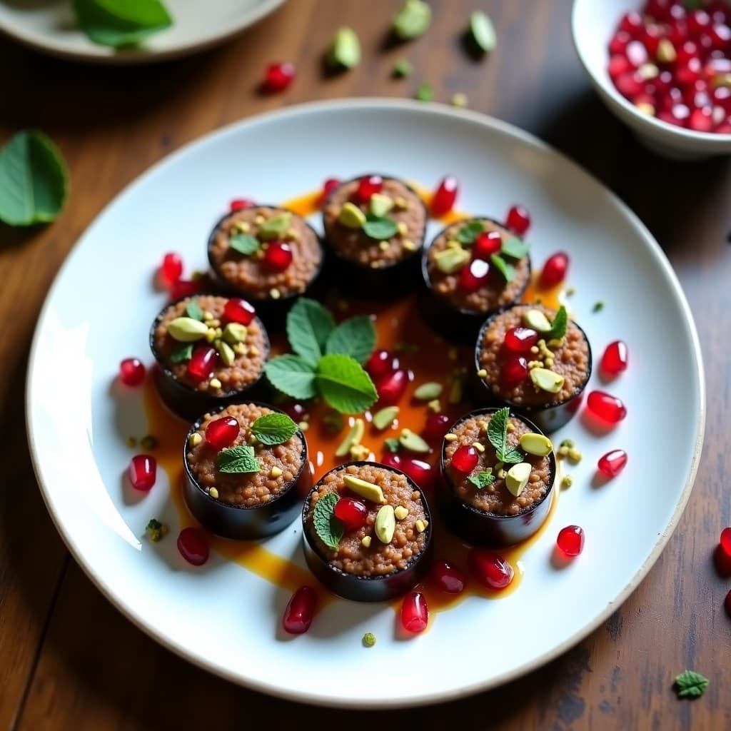 Rollitos de Berenjena y Hummus de Lentejas Beluga con Vinagreta de Granado: Entrante Persa Vegano