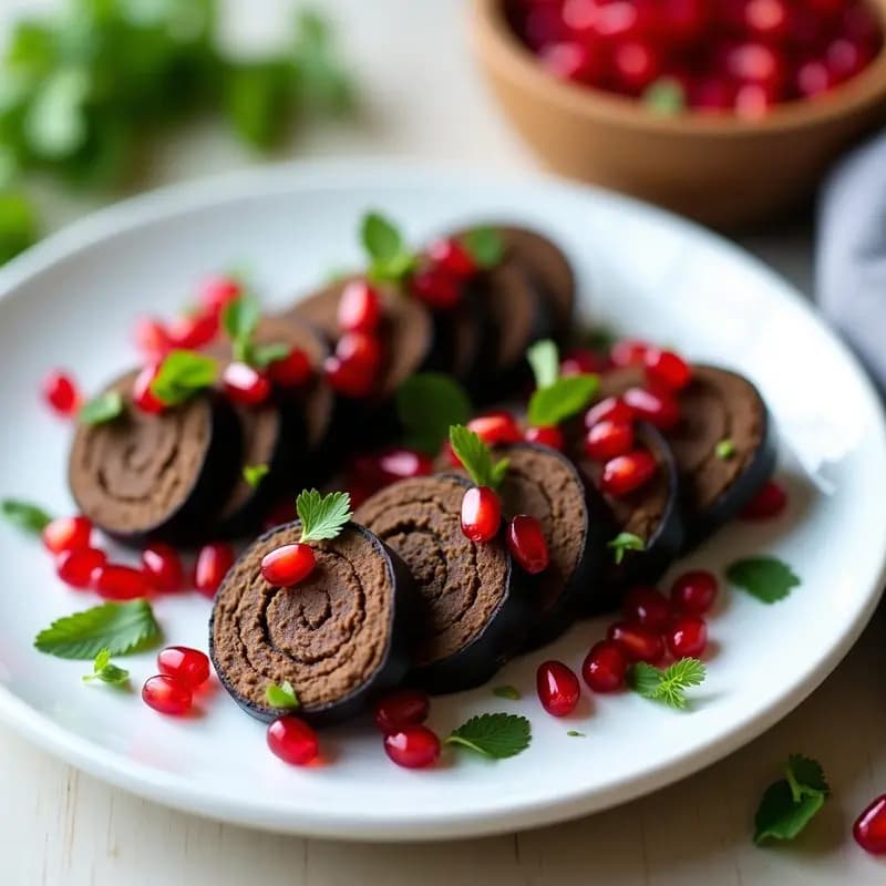 Rollitos de Berenjena Asada con Hummus de Lentejas Negras y Granadas: Entrante Libanés Vegano