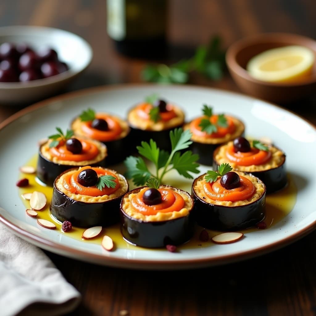 Rollitos de Berenjena Asada con Hummus de Pimiento Ahumado y Aceitunas Kalamata: Receta Libanesa Keto