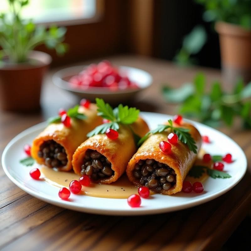 Rollitos de Berenjena Rellena de Lentejas Beluga y Granados: Receta Iraní en Airfryer