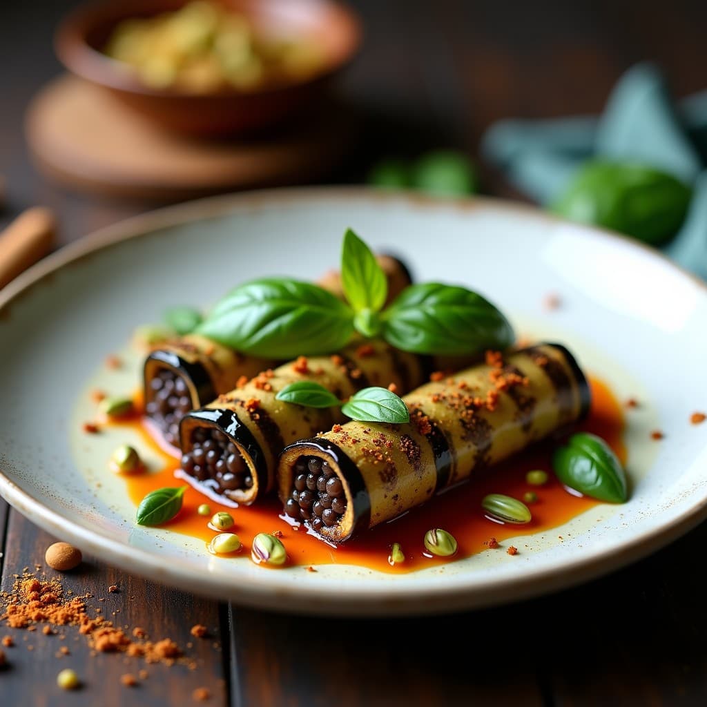 Rollitos de Berenjena Rellenos de Lentejas Beluga: Receta Iraní en Olla Exprés