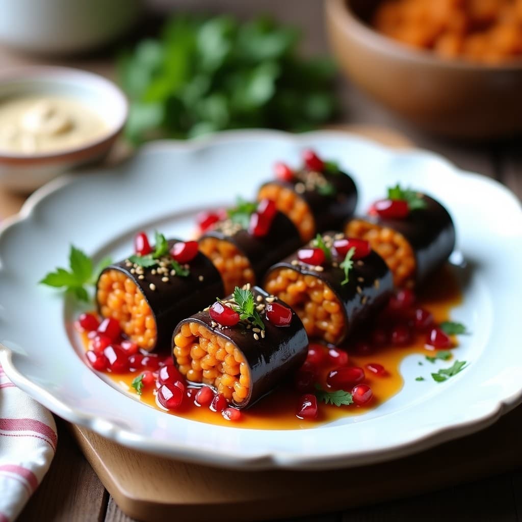 Rollitos de Berenjena Rellenos de Lentil Corail y Zumo de Granada: Entrante Libanés Sin Gluten
