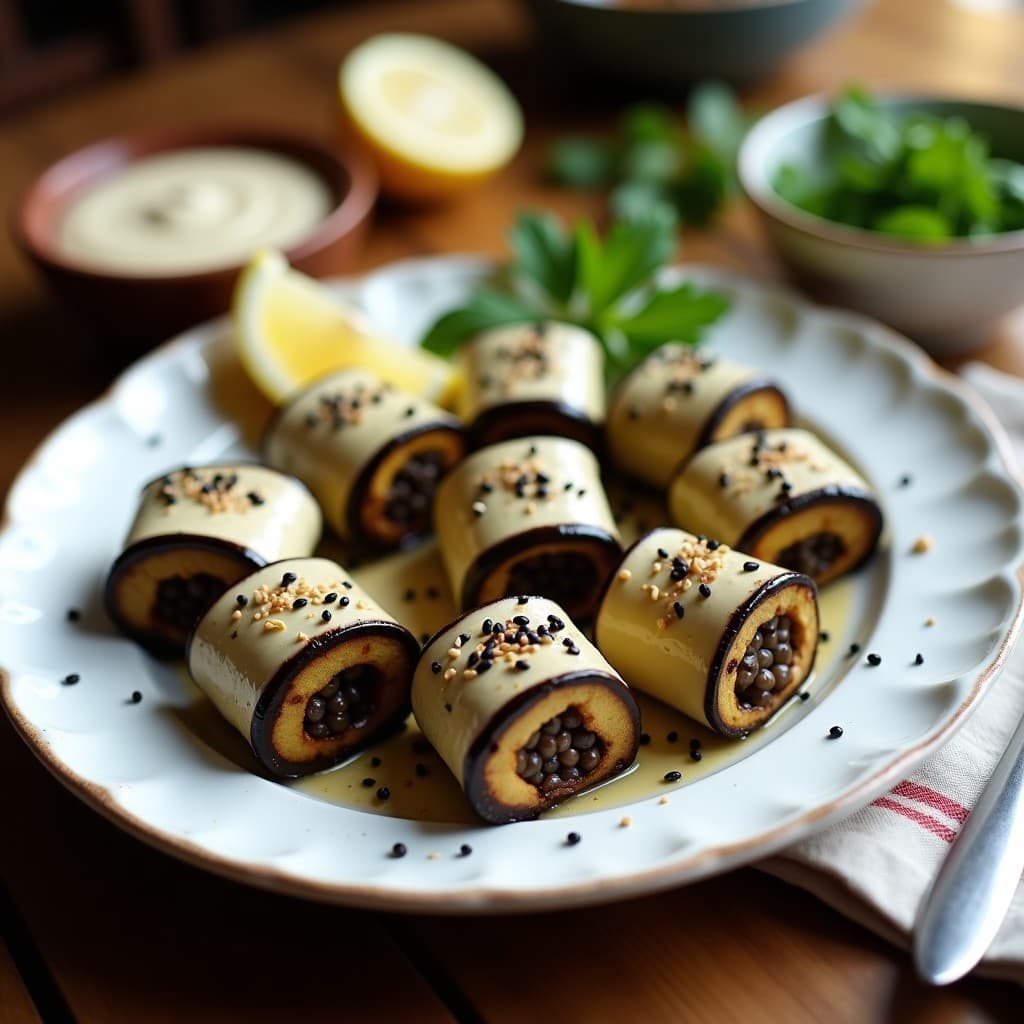 Rollitos de Berenjena Rellenos de Lentillas Beluga y Tahini: Receta Vegana al Horno con Crujiente de Sésamo