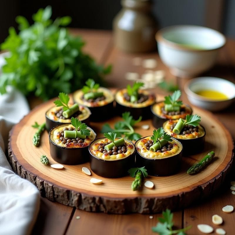 Rollitos de Berenjena Rellenos de Lentillas Puy y Espárragos: Receta Francesa Vegana