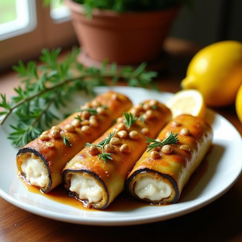 Rollitos de Berenjena Rellenos de Merluza y Piñones: Receta Griega al Horno con Toque Crujiente