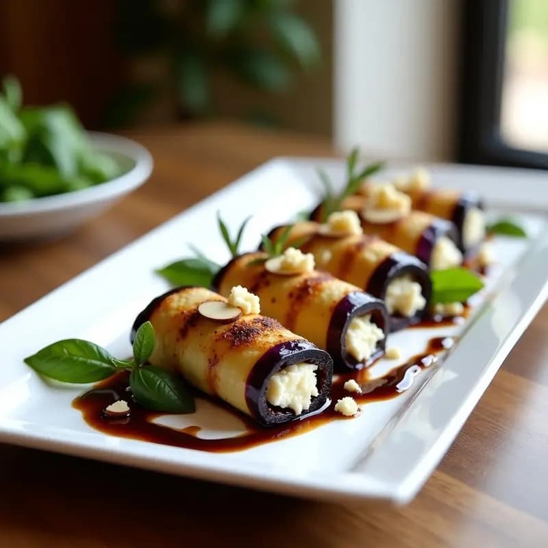 Rollitos de Berenjena a la Parrilla con Queso de Cabra y Reducción de Vinagre Balsámico: Entrante Italiano en 20 Minutos