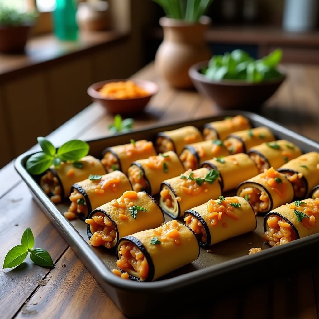 Rollitos de Berenjena con Pesto de Albaricoque y Nueces: Receta Vegana al Horno sin Gluten