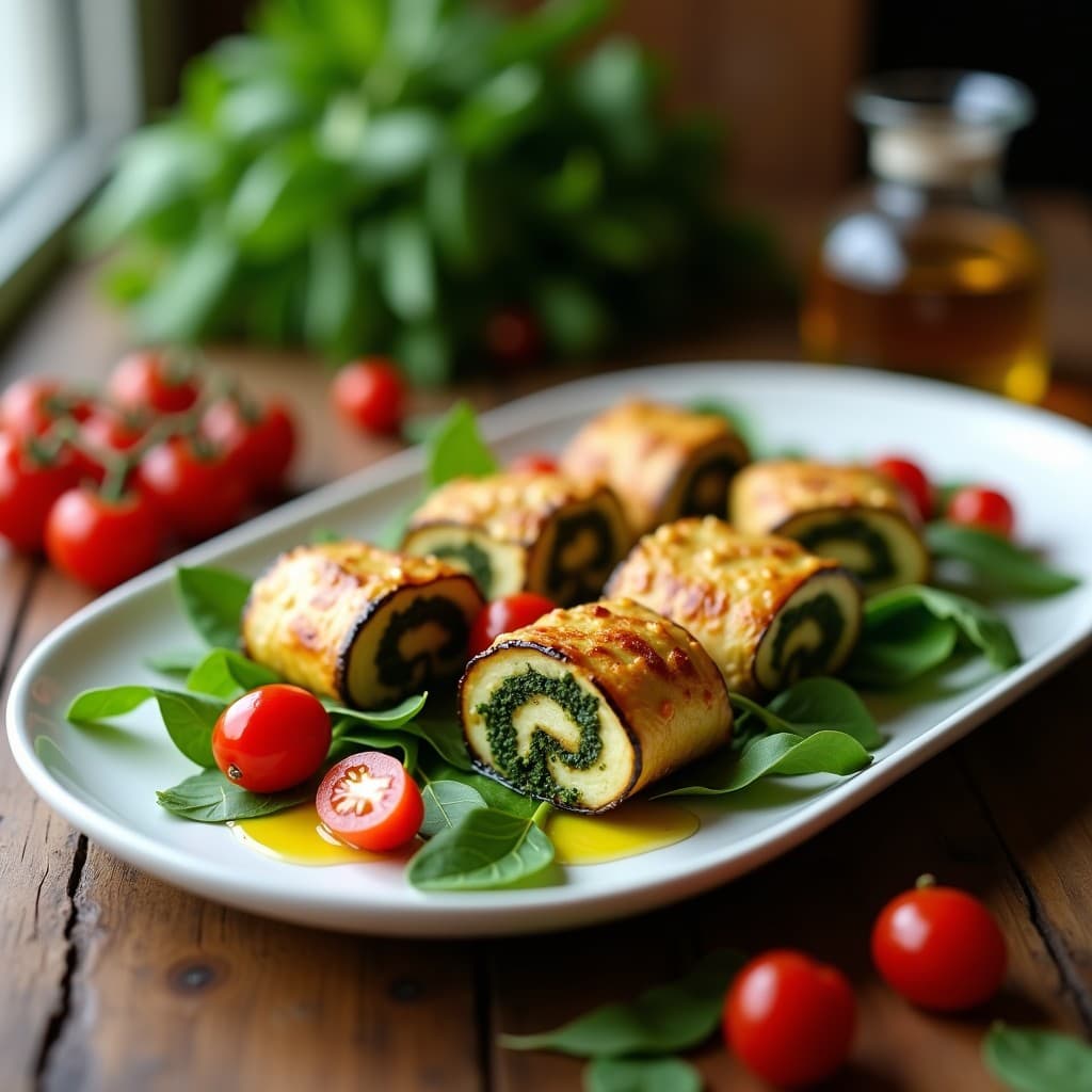 Rollitos de Berenjena Rellenos de Pesto de Espinaca y Piñones: Entrante Italiano Vegano al Horno