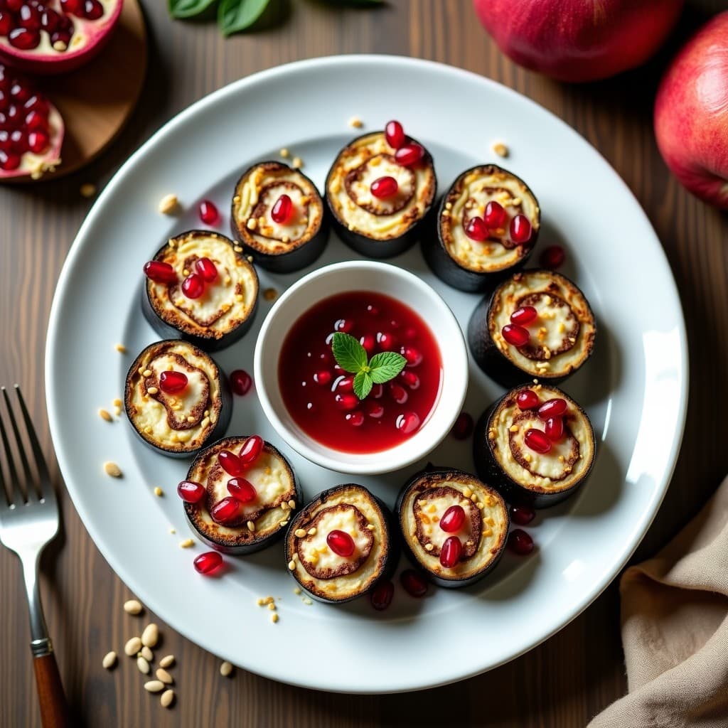 Rollitos de Berenjena y Queso de Anacardo con Salsa de Granada: Entrante Árabe Sin Horno