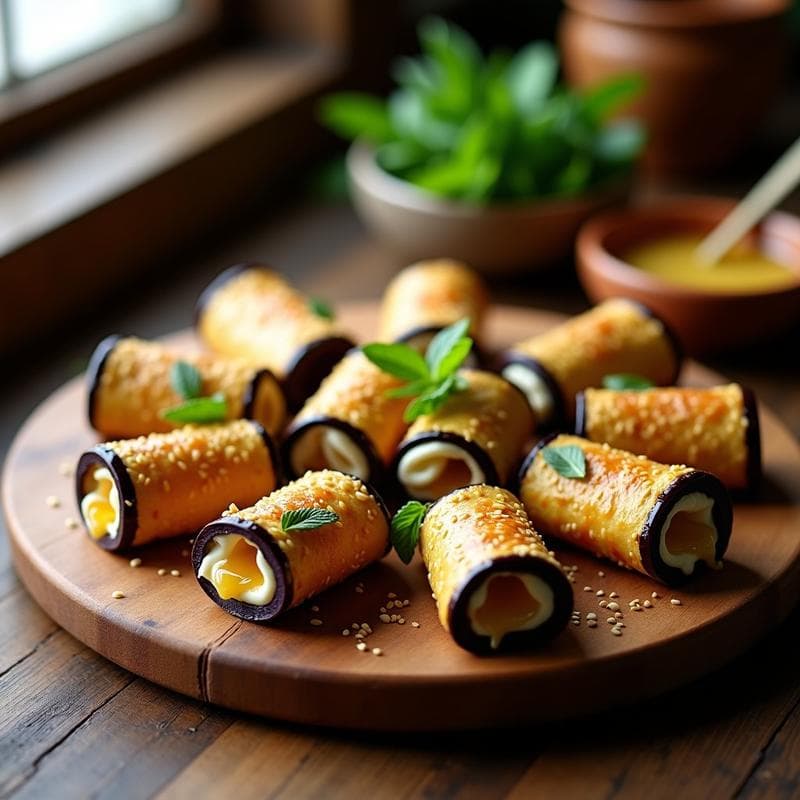 Rollitos de Berenjena Asada con Queso de Anacardos y Miel: Receta Vegana y Crujiente