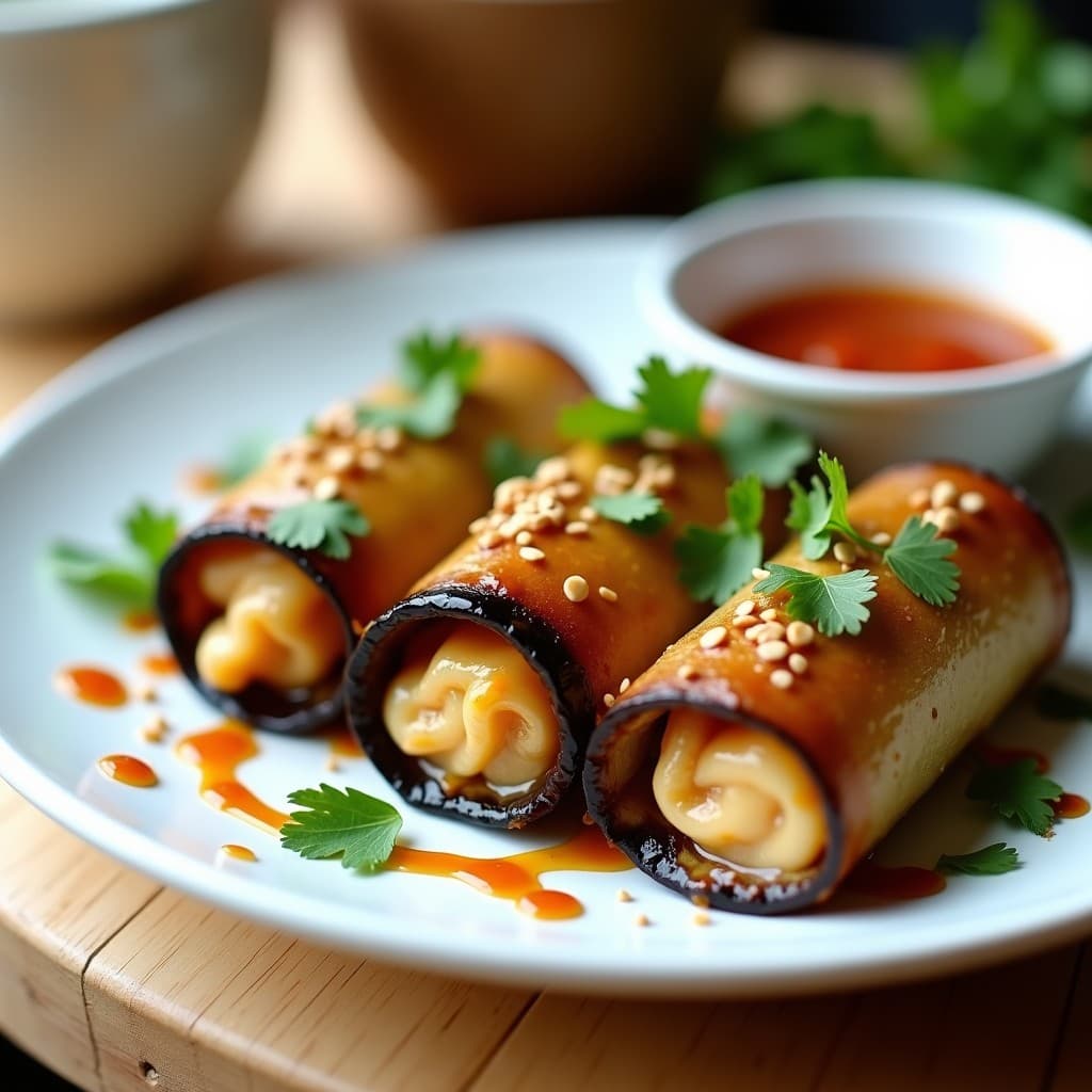Rollitos de Berenjena y Queso de Cacahuete: Entrante Vegano con Salsa de Tamarindo