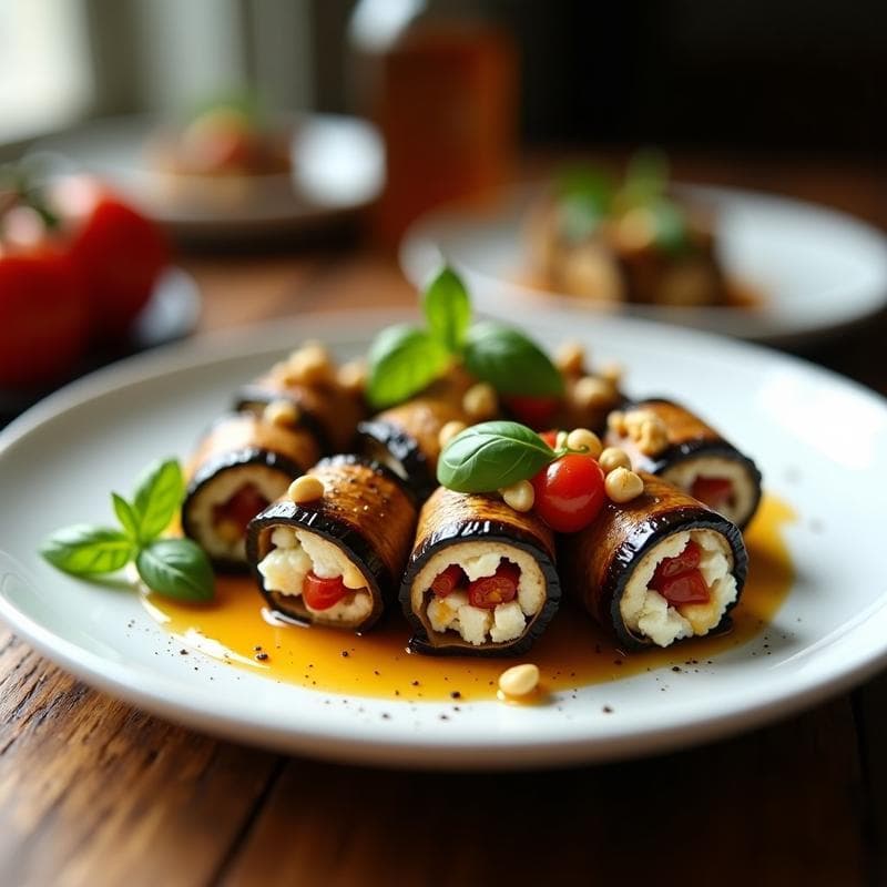 Rollitos de Berenjena Asada con Queso Feta y Miel de Trufa: Aperitivo Gourmet en 10 Minutos