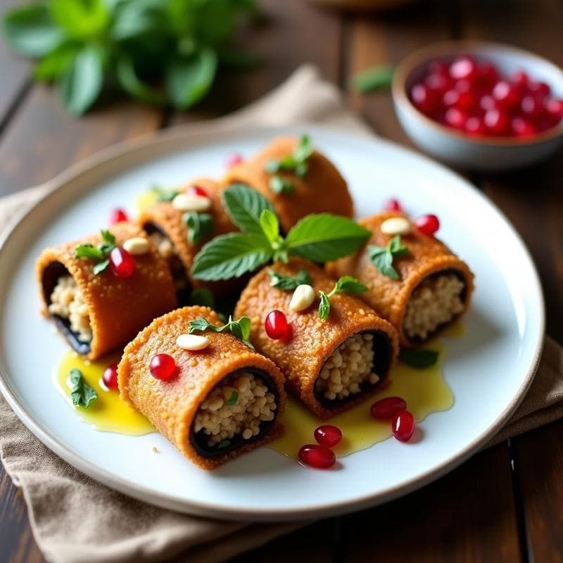 Rollitos de berenjena rellenos de quinoa y granada: receta libanesa vegana con toque crujiente