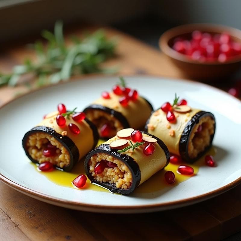 Rollitos de Berenjena Asada con Relleno de Quinoa y Granados: Receta Vegana al Horno