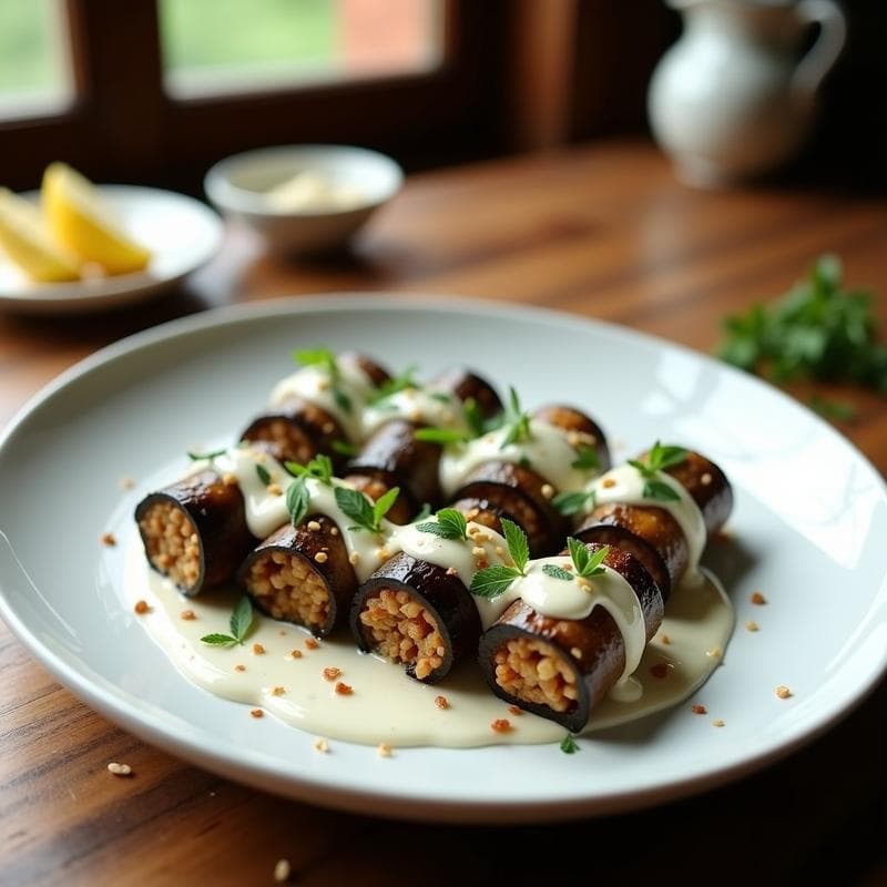 Rollitos de Berenjena Rellenos de Quinoa y Pasas con Salsa de Yogur: Receta Turca en Horno