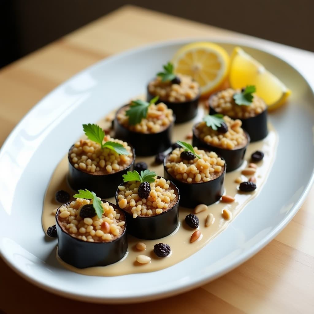 Rollitos de Berenjena Rellena de Quinoa y Pasas con Salsa de Tahini: Receta Libanesa Vegana
