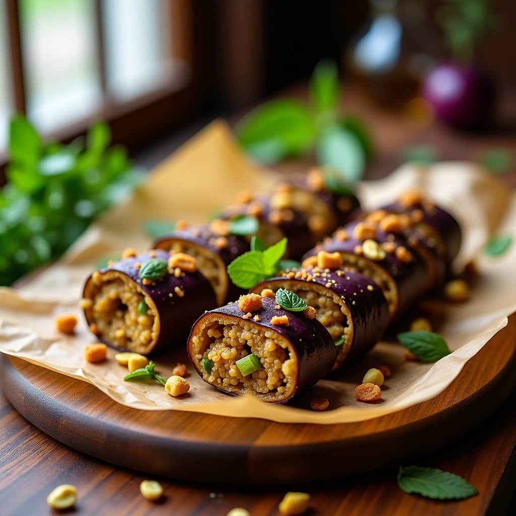 Rollitos de Berenjena Rellenos de Quinoa y Pasas: Entrante Vegano y Sin Gluten