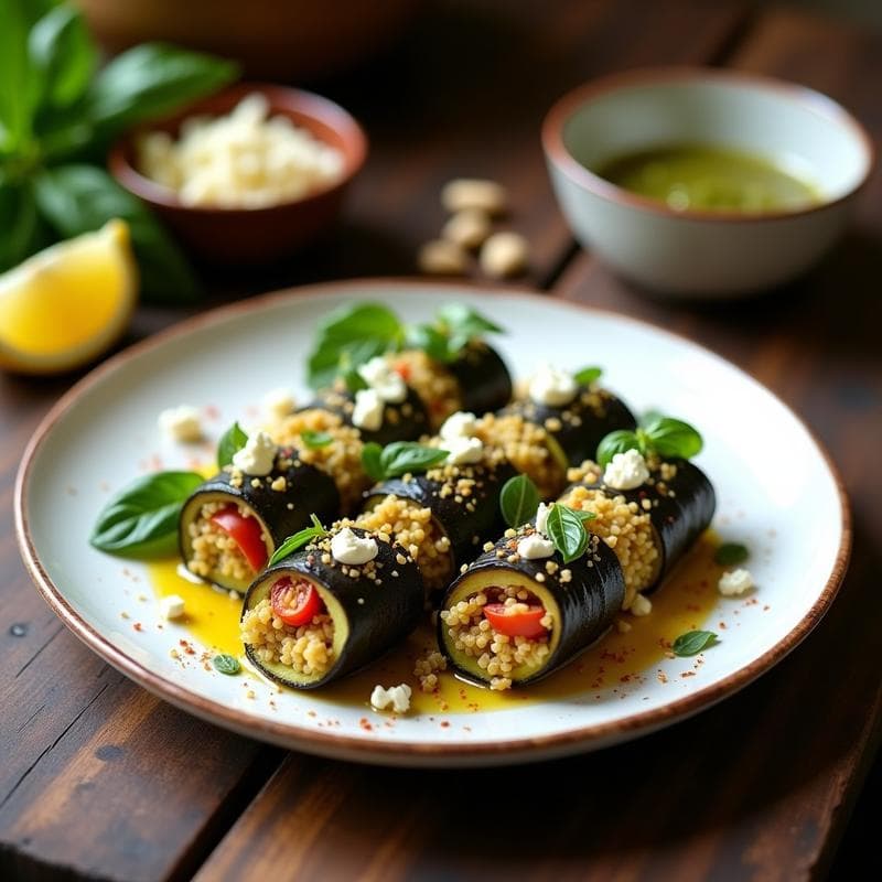 Rollitos de Berenjena y Calabacín con Relleno de Quinoa y Pesto de Albahaca: Receta Mediterránea Sin Gluten