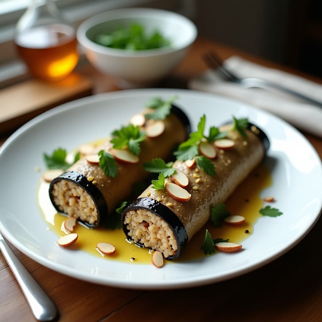 Rollitos de Láminas de Berenjena con Relleno de Quinoa y Hongos Shiitake: Entrante Sin Gluten