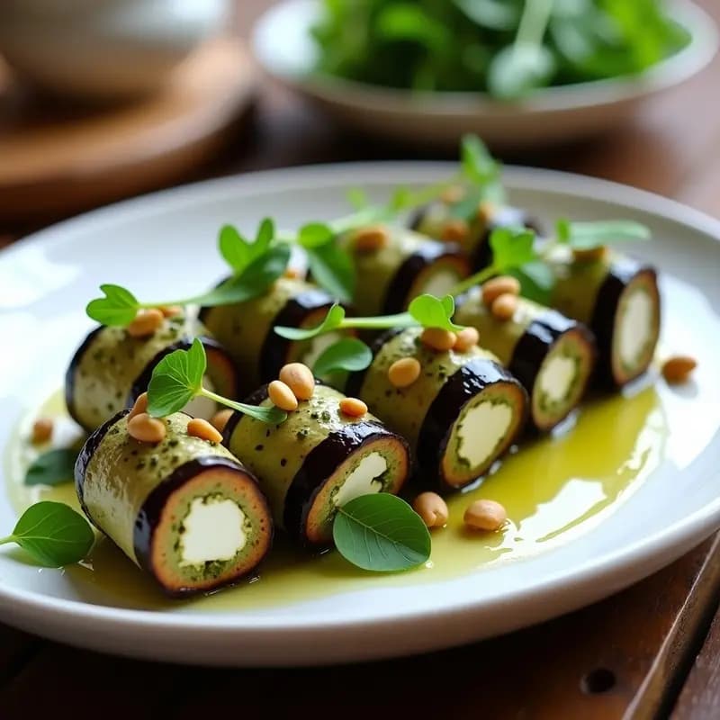 Rollitos de Berenjena con Ricotta de Anacardos y Pesto de Rúcula: Aperitivo Italiano Sin Lácteos