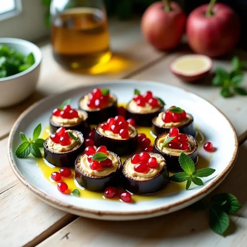 Rollitos de Berenjena Asada con Tahini y Granada: Entrante Libanés Sin Cocinar