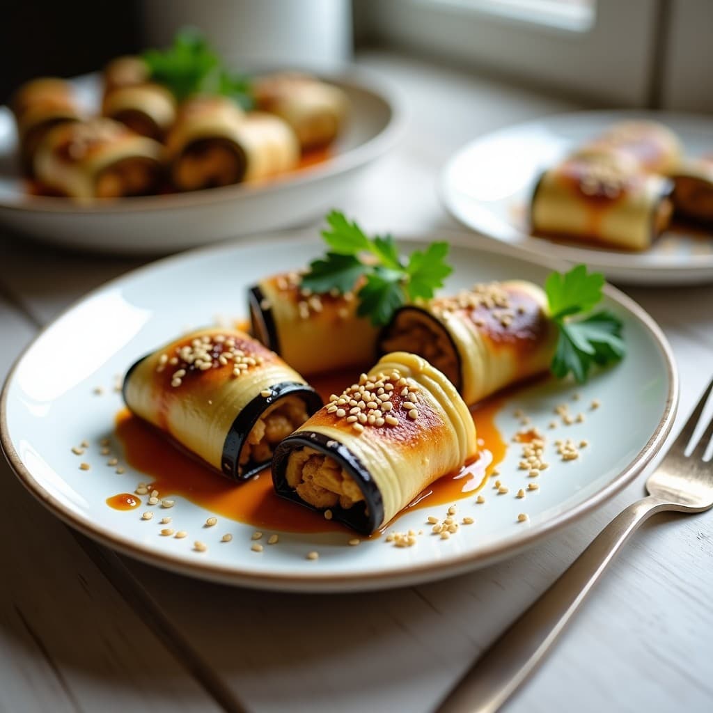 Rollitos de Berenjena al Horno con Relleno de Tofo y Sésamo: Receta Vegana Sin Aceite