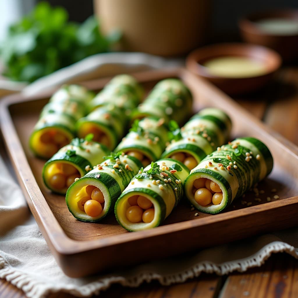 Rollitos de Calabacín con Relleno de garbanzos tostados y Tahini: Aperitivo Crudivegano Crujiente