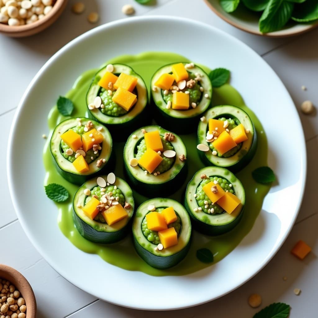 Rollitos de Calabacín Rellenos de Puré de Guisantes y Mentolado de Mango: Receta Crudivegana