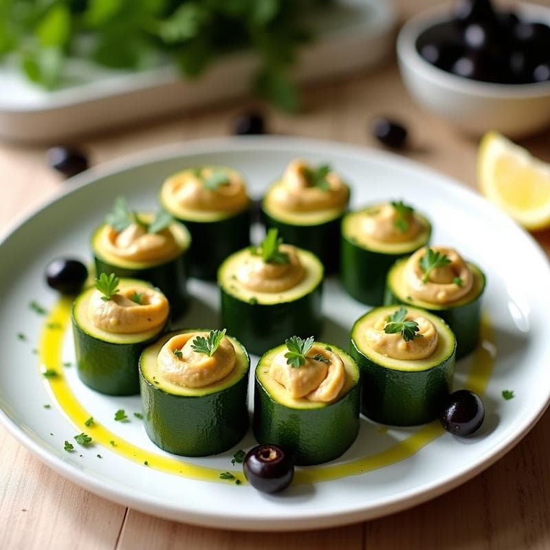 Rollitos de Calabacín Rellenos de Hummus y Aceitunas Negras: Entrante Griego Sin Horno