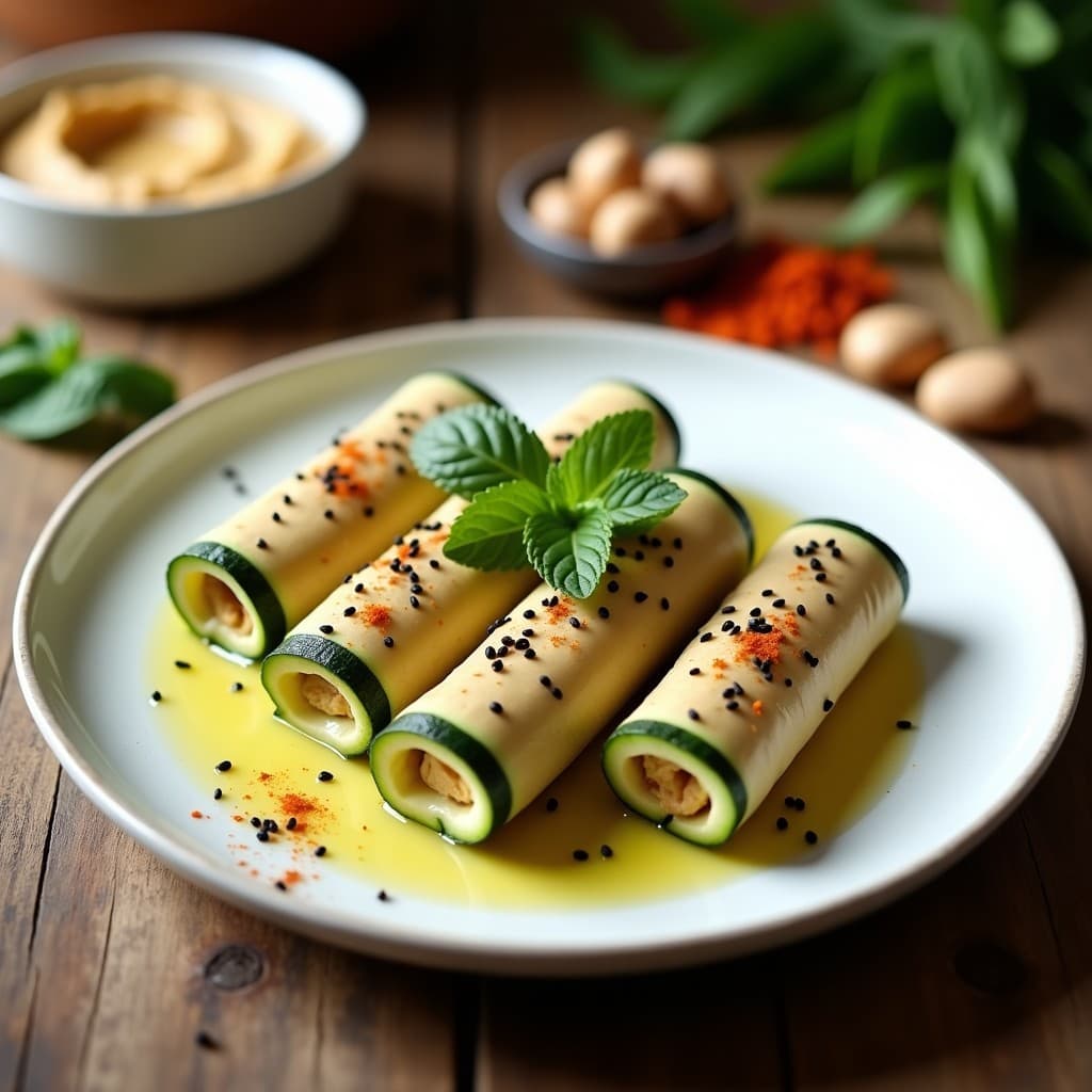 Rollitos de Calabacín Rellenos de Hummus de Habas: Entrante Árabe Crudivegano en 15 Minutos