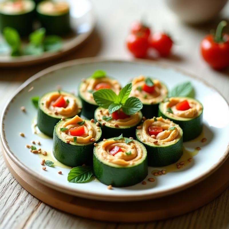 Rollitos de Calabacín con Relleno de Hummus y Pimientos Asados: Entrante Crudivegano
