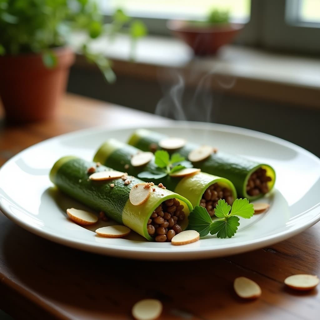 Rollitos de Calabacín con Relleno de Lentejas y Arroz Silvestre: Entrante Vegano al Vapor
