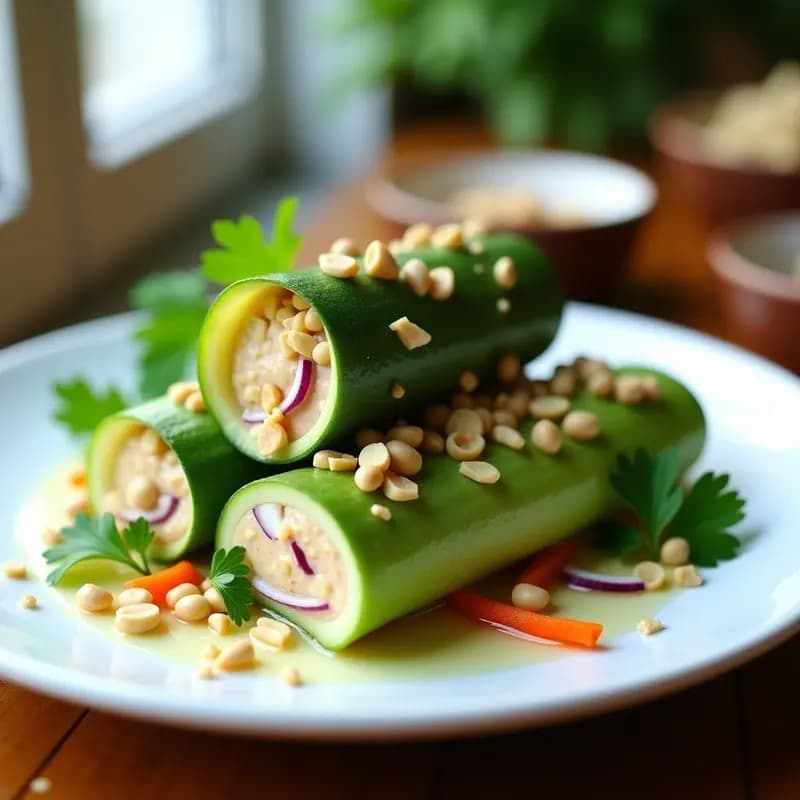 Rollitos de Calabacín Rellenos de Tofu de Seda y Cacahuates: Entrante Crudivegano con Toque Tailandés