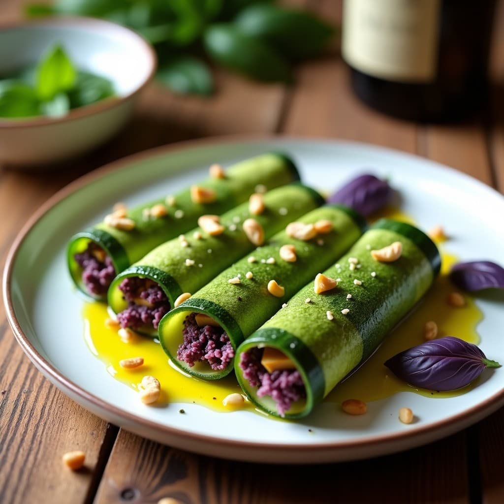 Rollitos de Láminas de Calabacín con Relleno de Tofu Ahumado y Pesto de Albahaca Morada