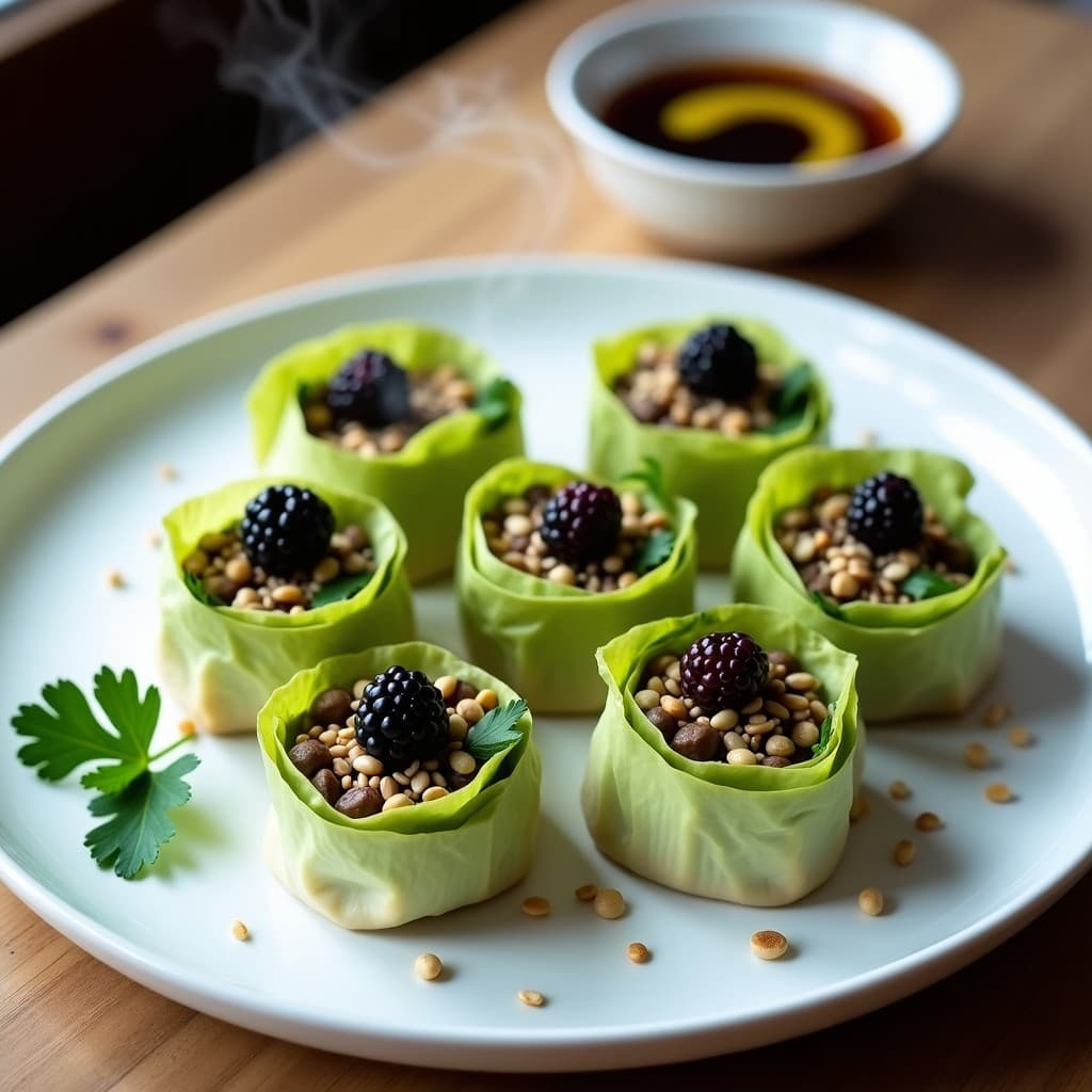 Rollitos de Col China con Relleno de Champiñones Shitake y Zarzamora: Receta Vegana al Vapor con Toque Peruano
